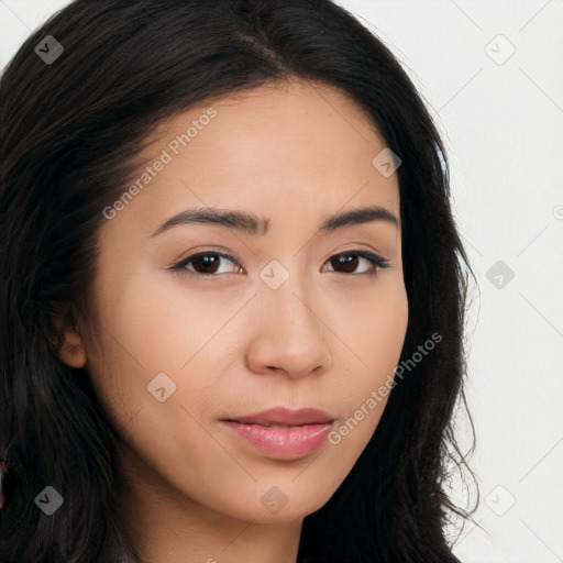 Neutral white young-adult female with long  brown hair and brown eyes