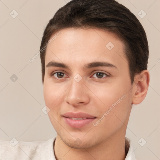 Joyful white young-adult female with short  brown hair and brown eyes