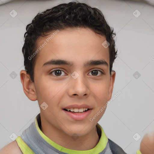 Joyful white child male with short  brown hair and brown eyes