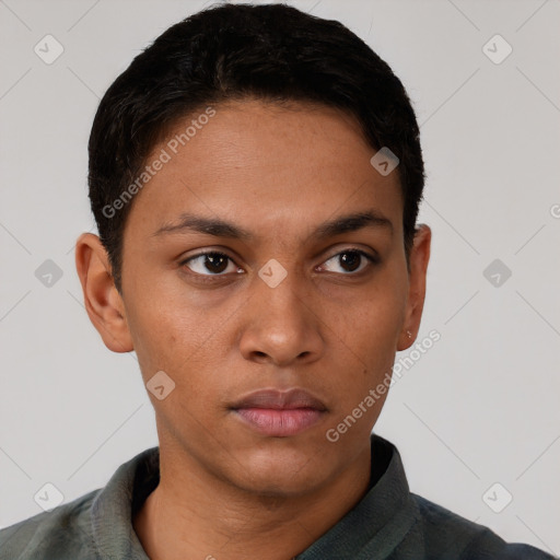 Neutral latino young-adult male with short  brown hair and brown eyes