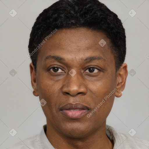Neutral black adult male with short  black hair and brown eyes