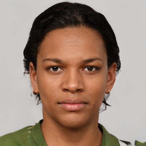 Neutral latino young-adult female with short  black hair and brown eyes