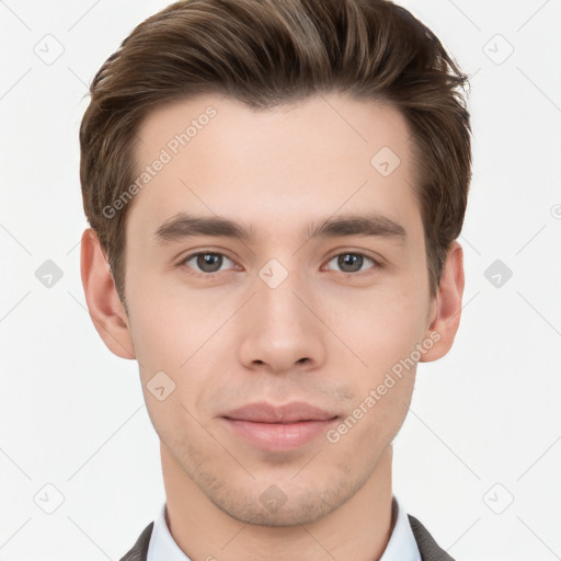 Neutral white young-adult male with short  brown hair and brown eyes