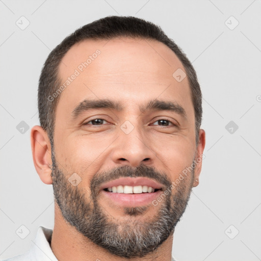 Joyful white young-adult male with short  black hair and brown eyes