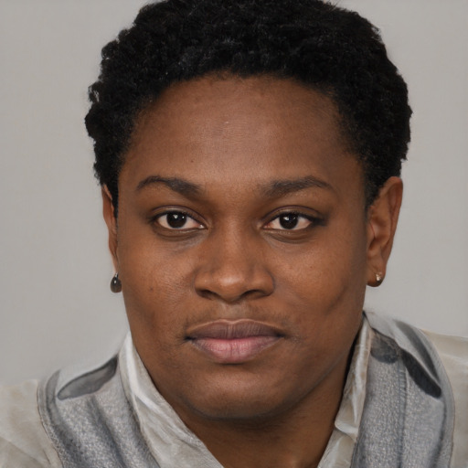 Joyful black young-adult female with short  brown hair and brown eyes