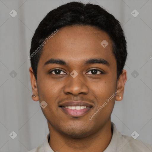 Joyful black young-adult male with short  black hair and brown eyes