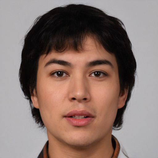 Neutral white young-adult male with medium  black hair and brown eyes