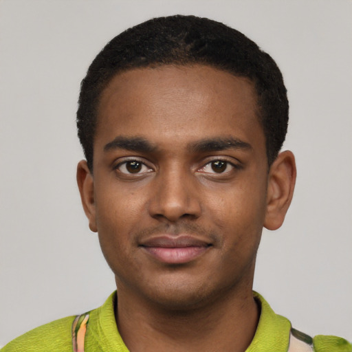 Neutral black young-adult male with short  black hair and brown eyes