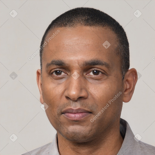 Neutral black adult male with short  black hair and brown eyes