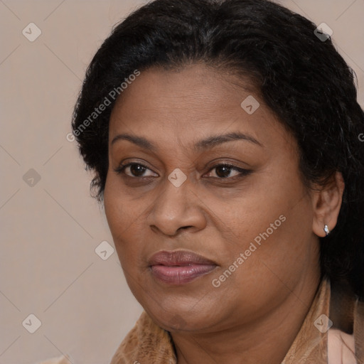 Joyful black adult female with medium  brown hair and brown eyes