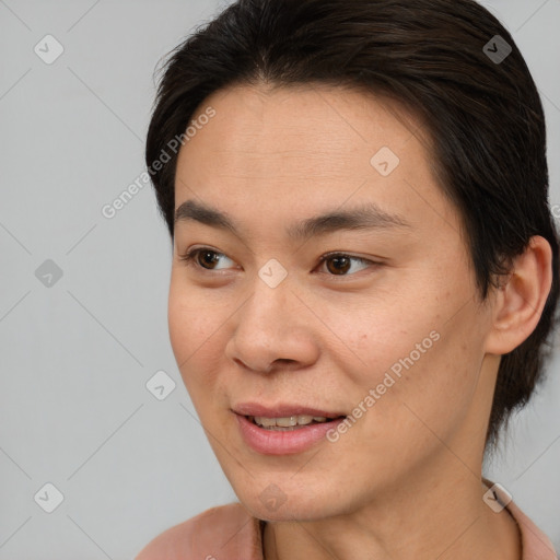 Joyful white young-adult female with short  brown hair and brown eyes