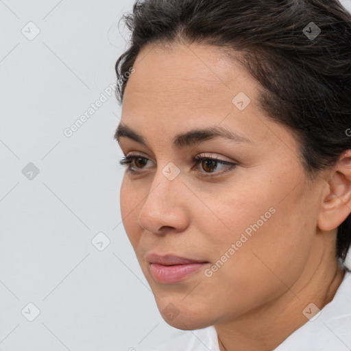 Neutral white young-adult female with short  brown hair and brown eyes