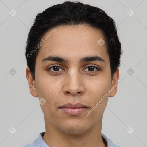 Neutral latino young-adult male with short  black hair and brown eyes