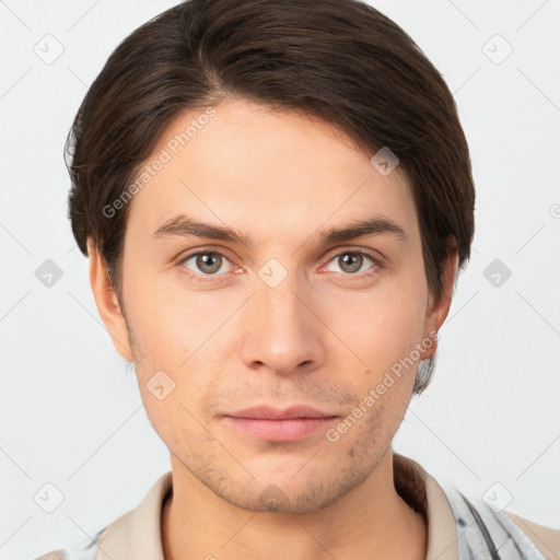 Neutral white young-adult male with short  brown hair and brown eyes