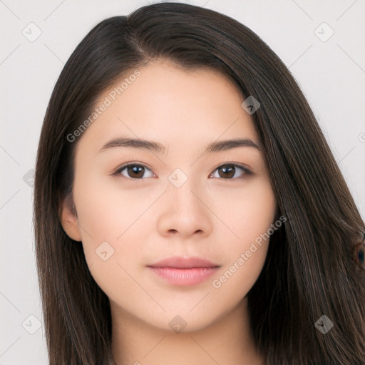 Neutral white young-adult female with long  brown hair and brown eyes