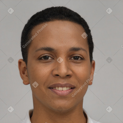 Joyful black young-adult female with short  black hair and brown eyes