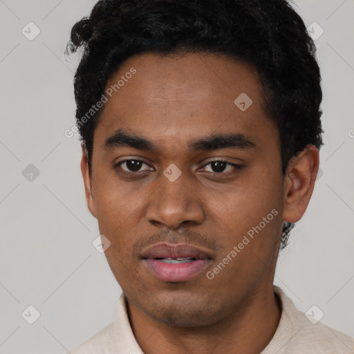 Joyful black young-adult male with short  black hair and brown eyes