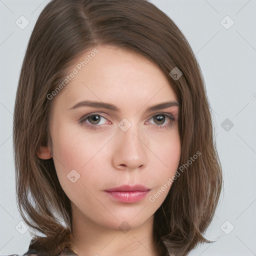 Neutral white young-adult female with medium  brown hair and brown eyes