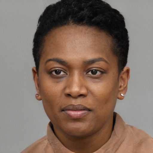 Neutral black young-adult female with short  black hair and brown eyes