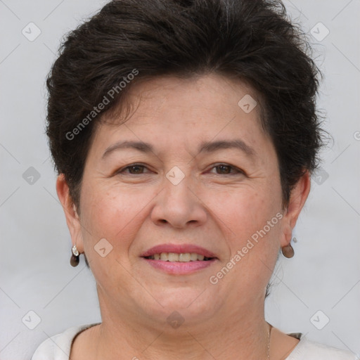 Joyful white adult female with short  brown hair and brown eyes