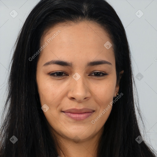 Joyful asian young-adult female with long  brown hair and brown eyes