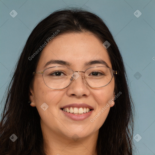 Joyful white adult female with long  brown hair and brown eyes