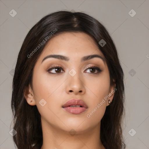 Neutral asian young-adult female with long  brown hair and brown eyes