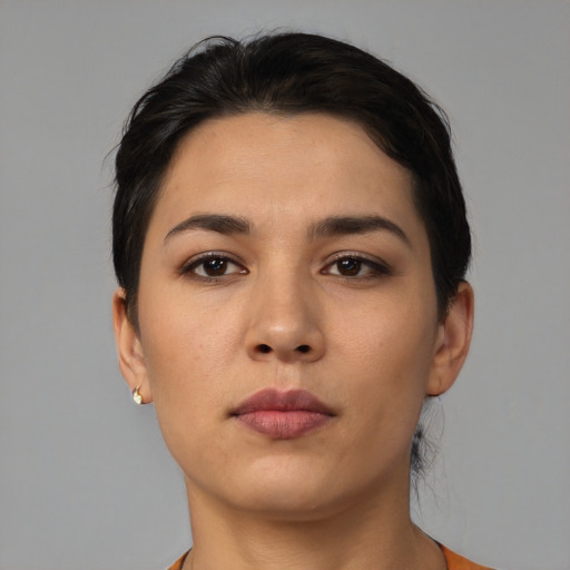 Neutral asian young-adult female with short  black hair and brown eyes