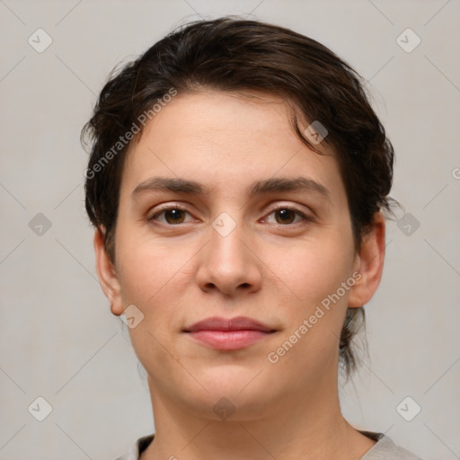 Neutral white young-adult female with medium  brown hair and brown eyes