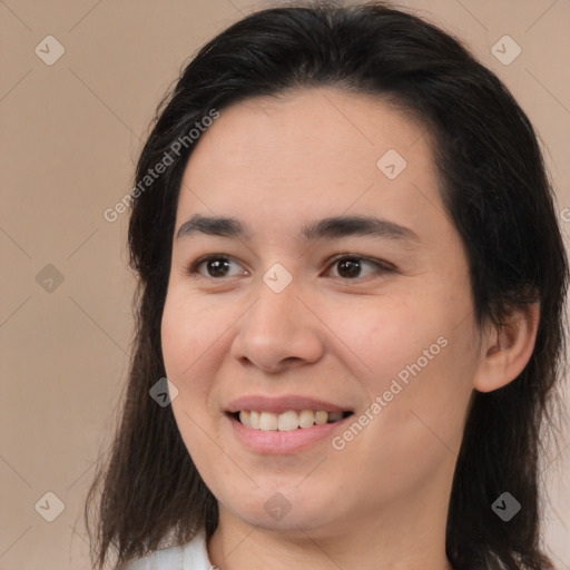 Joyful white young-adult female with medium  brown hair and brown eyes