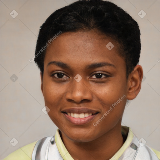 Joyful latino young-adult female with short  black hair and brown eyes