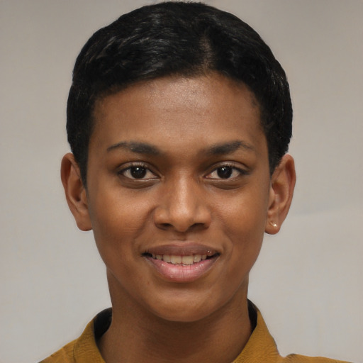 Joyful latino young-adult female with short  black hair and brown eyes