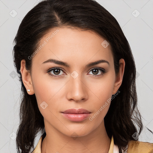 Neutral white young-adult female with medium  brown hair and brown eyes