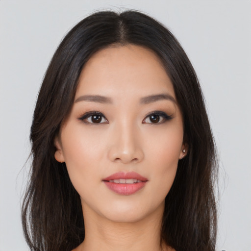 Neutral asian young-adult female with long  black hair and brown eyes