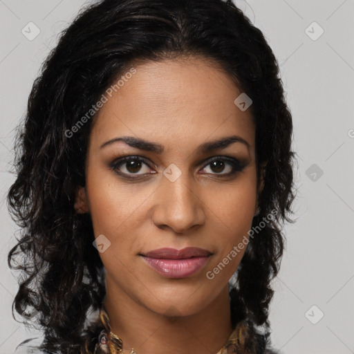 Joyful latino young-adult female with long  brown hair and brown eyes