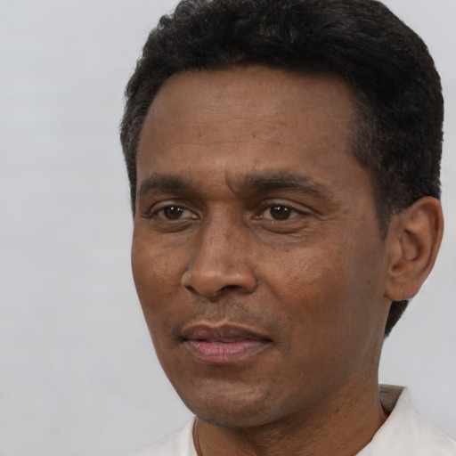 Neutral black adult male with short  black hair and brown eyes