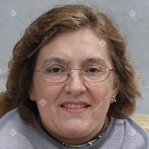 Joyful white adult female with medium  brown hair and blue eyes