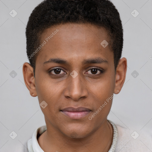 Neutral black young-adult female with short  brown hair and brown eyes