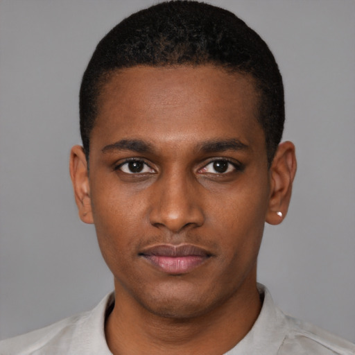 Neutral black young-adult male with short  black hair and brown eyes