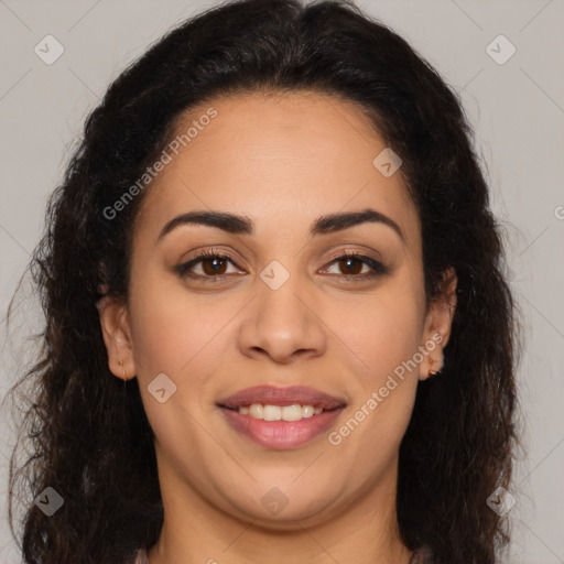 Joyful latino young-adult female with long  brown hair and brown eyes