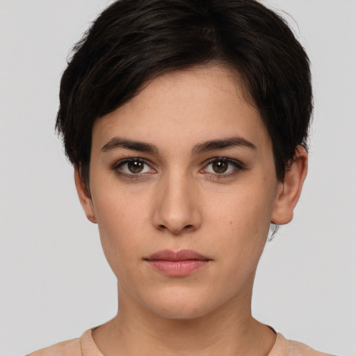 Neutral white young-adult female with short  brown hair and brown eyes