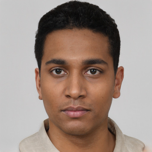 Neutral latino young-adult male with short  black hair and brown eyes