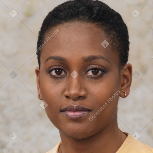 Neutral black young-adult female with short  brown hair and brown eyes