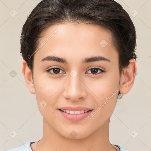 Joyful white young-adult female with short  brown hair and brown eyes