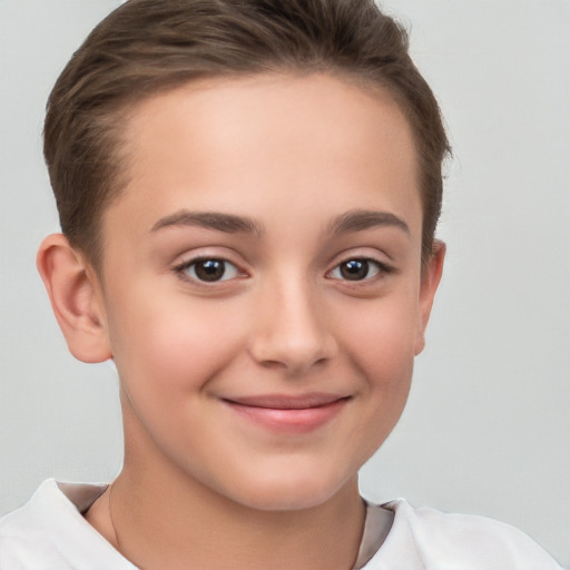 Joyful white child female with short  brown hair and brown eyes