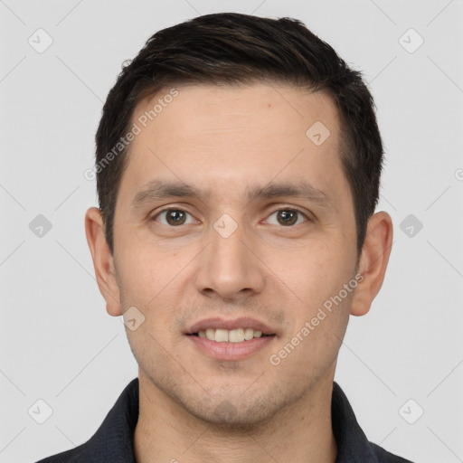 Joyful white young-adult male with short  brown hair and brown eyes