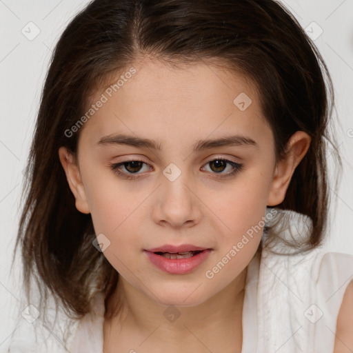 Joyful white child female with medium  brown hair and brown eyes