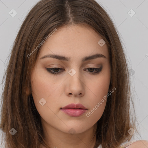 Neutral white young-adult female with long  brown hair and brown eyes