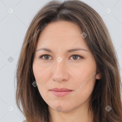 Neutral white young-adult female with long  brown hair and brown eyes