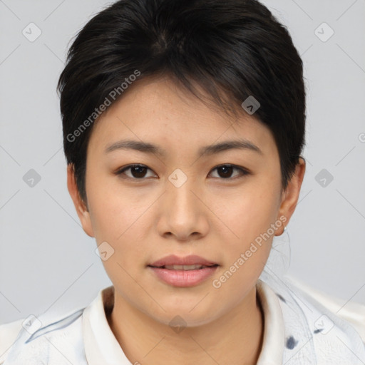 Joyful asian young-adult female with short  brown hair and brown eyes